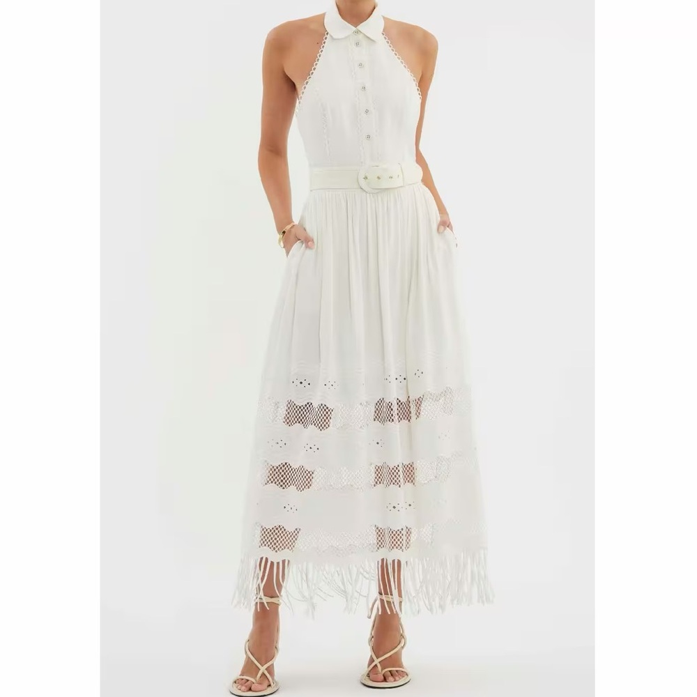 NWT Rebecca Vallance Giovanni Halter Fringe Midi Dress Ivory Size US 0
